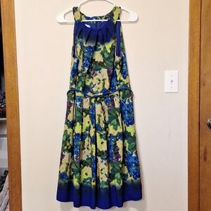 Donna Ricco sz 14 belted midi dress abstract floral purple blue green yellow